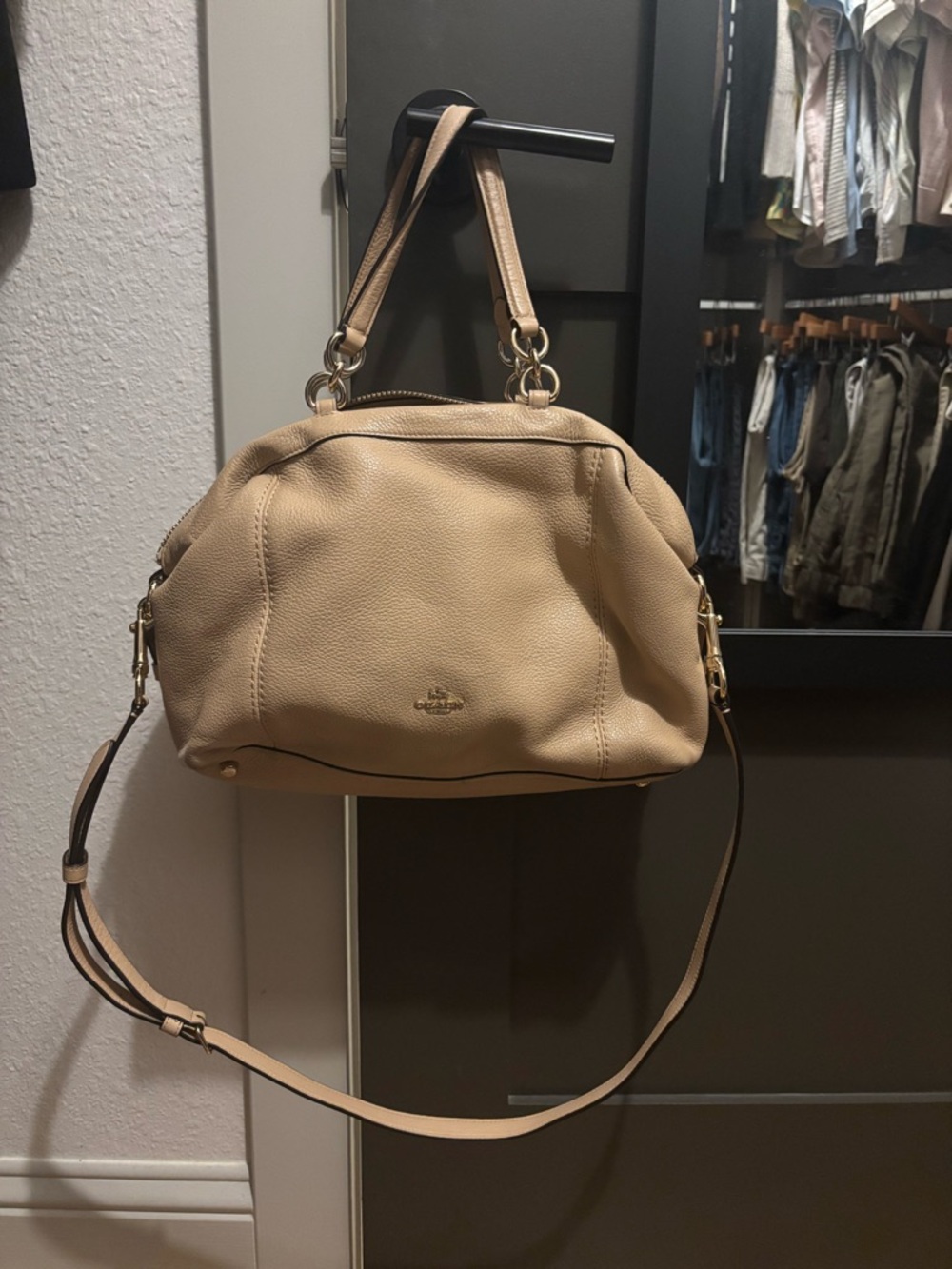 Coach Pebbled Leather Shoulder Satchel in Sand/Tan